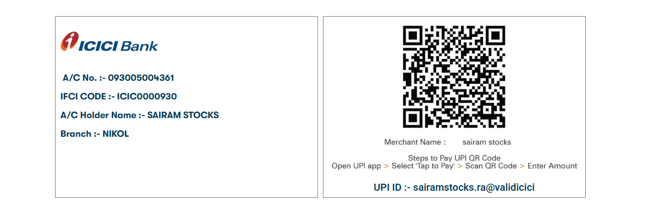 Sairam Stocks ICICI Bank account and UPI QR code payment details